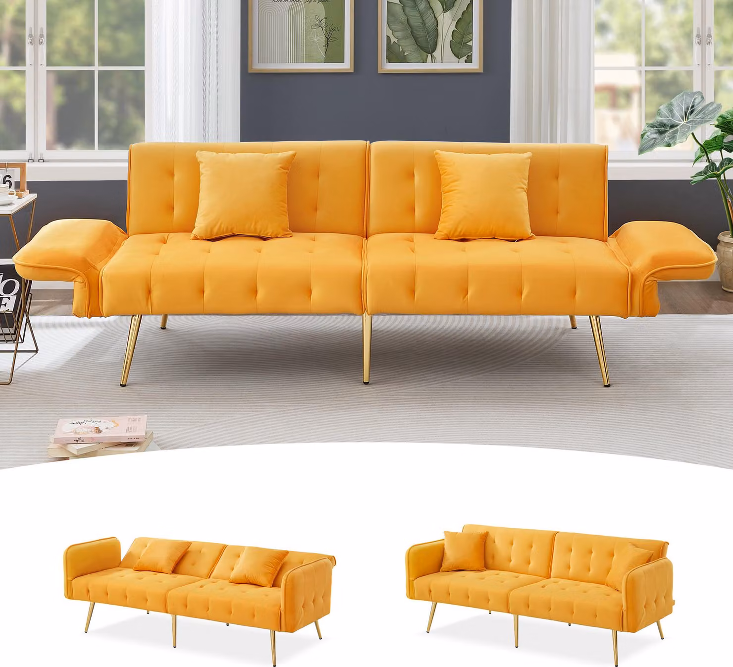 MODFU Divano multifunzionale 2 in 1 a due posti Divano relax con schienale e braccioli regolabili, divano letto pieghevole con funzione letto e rivestimento in velluto, giallo