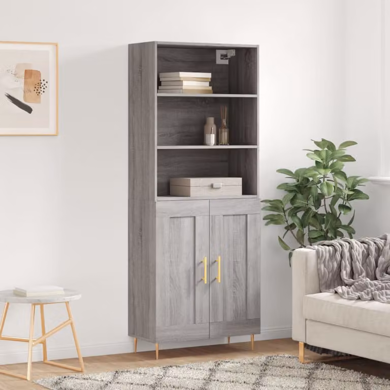 Credenza moderna vidaXL in legno multistrato e metallo, colore Grigio Sonoma, L: 69,5 cm, P: 34 cm, H: 180 cm