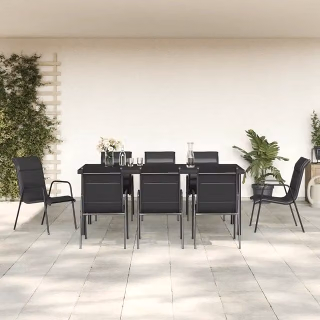 Set da Pranzo da Giardino 9 pz Nero in Acciaio e Textilene 3200701
