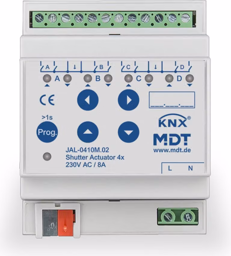 MDT KNX Attuatore per tapparelle quadruplo con misurazione automatica del tempo di percorrenza REG, 1 pz.