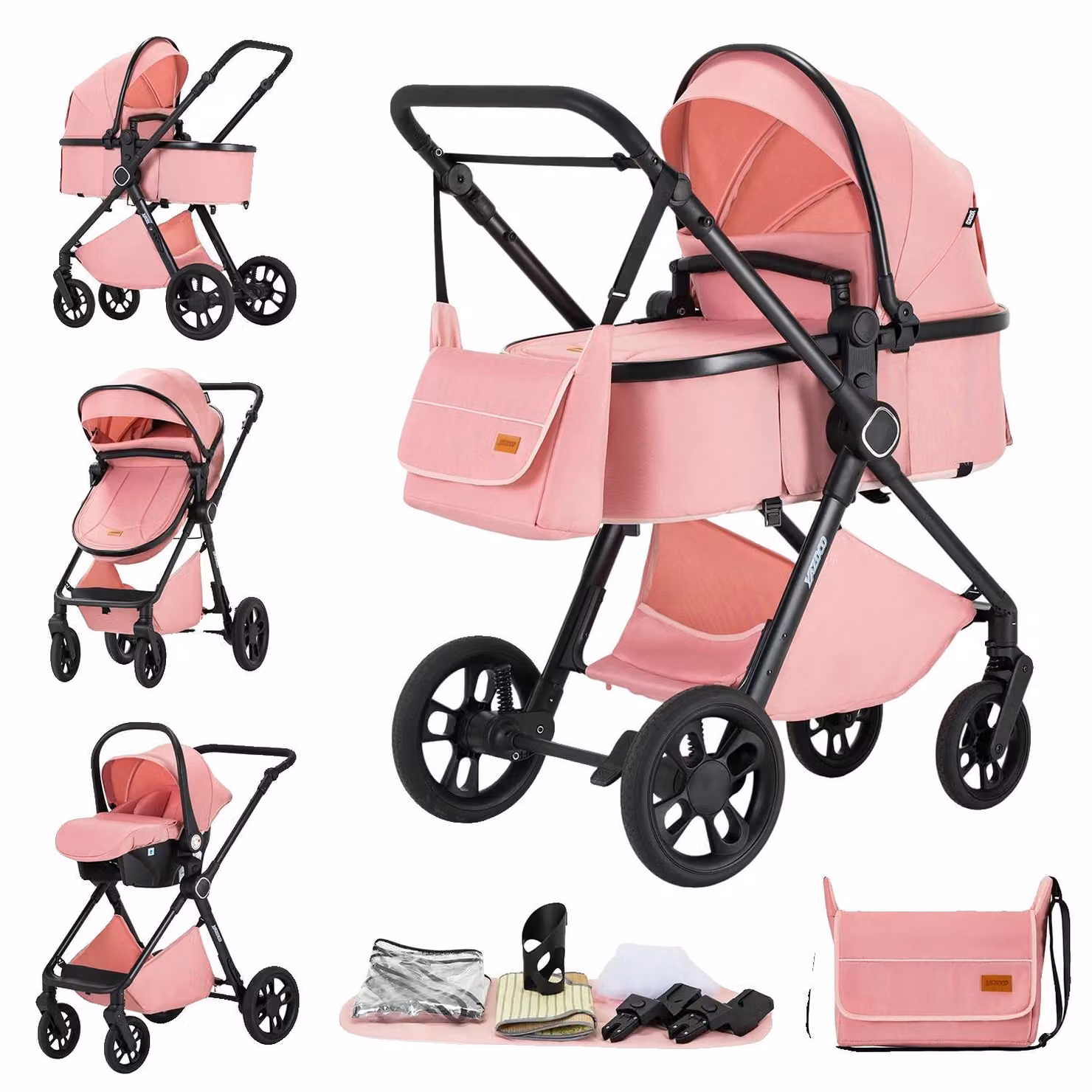 Carrozzina trasformabile 3 in 1, design leggero, colore rosa