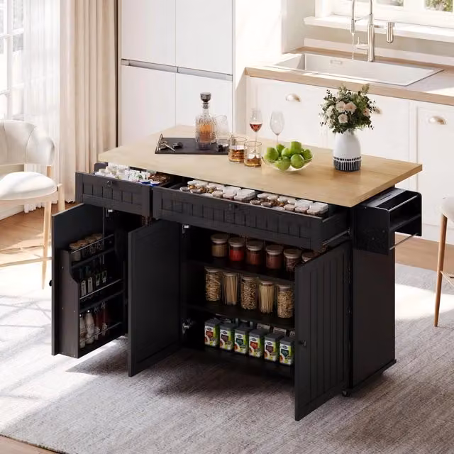 Isola da cucina con piano pieghevole, cassetti e ruote ¨C MINIMAL ¨C Nero, 137x89,5x45 cm