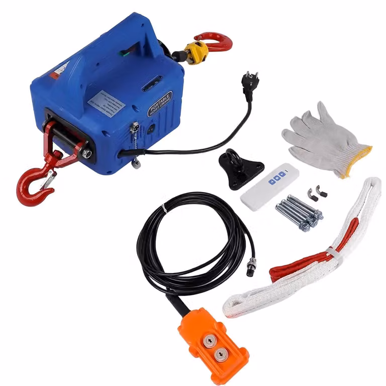 Tirante elettrico a 230V - Argano elettrico - Capacità di sollevamento: 500 kg - Altezza di sollevamento: 7,6 m - Velocità: 4,8 m/min - Potenza: 1500 W - Telecomando wireless