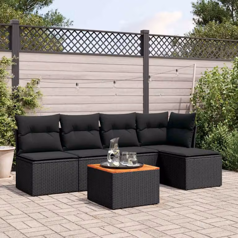 Set Divano da Giardino vidaXL 6 pz in Polyrattan Nero con Cuscini e Tavolino da Esterno a Forma di L
