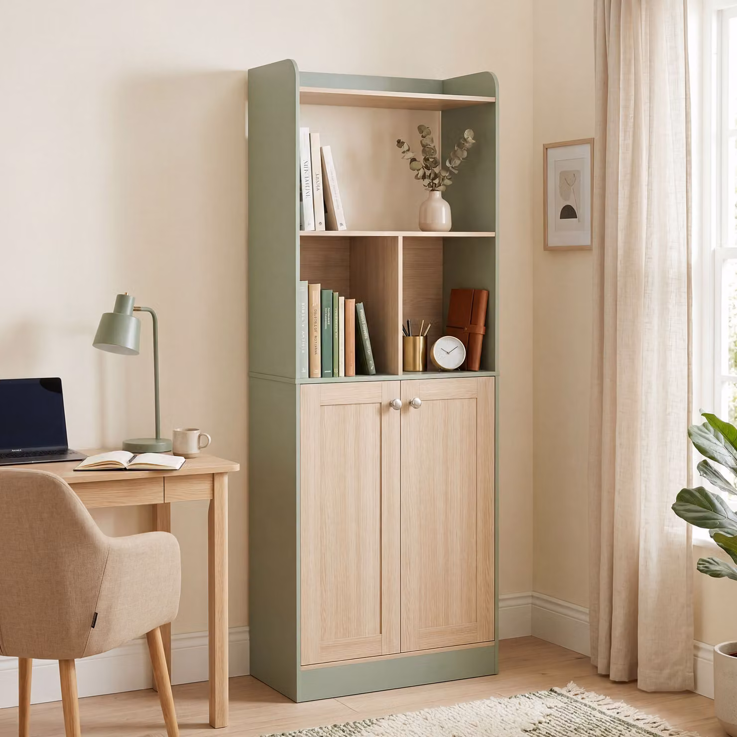 Libreria HOMCOM a 5 Livelli con 2 Ante, Mobile Contenitore e Scaffale per Libri, Verde e Legno Naturale, L 60 x P 30 x H 161,2 cm – 2