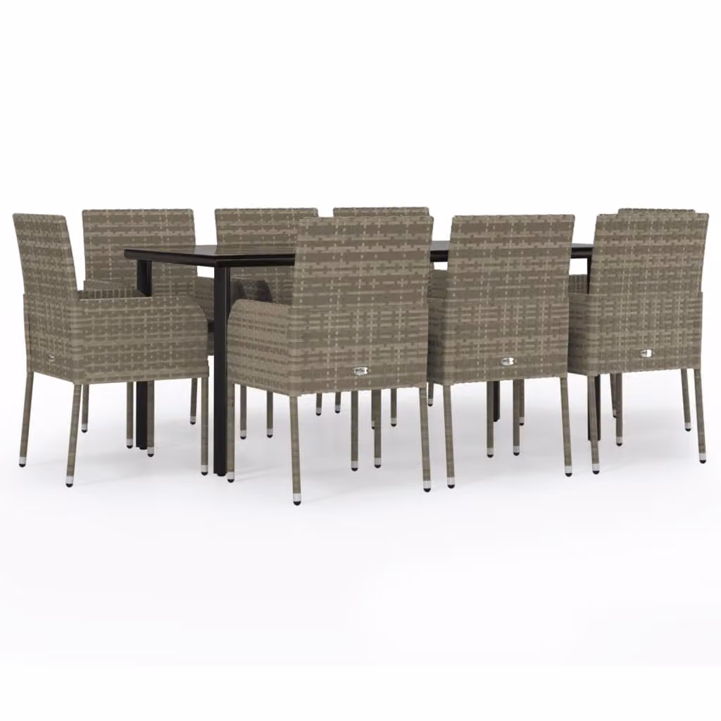 Set da Pranzo Giardino 9pz con Cuscini Nero e Grigio Polyrattan