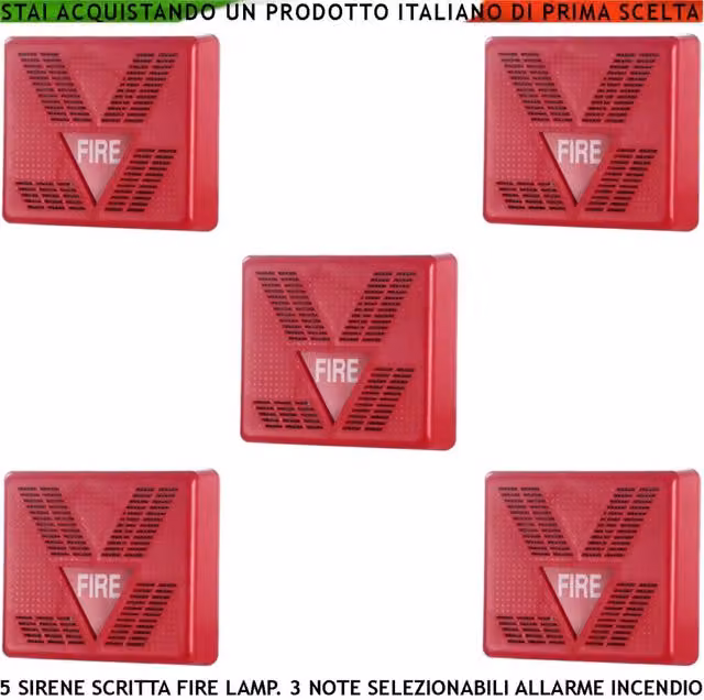 Set di 5 Sirene Rosse da Interno Securvera con Scritta Fire Lampeggiante per Allarme Incendio, Alimentazione 24 VCC