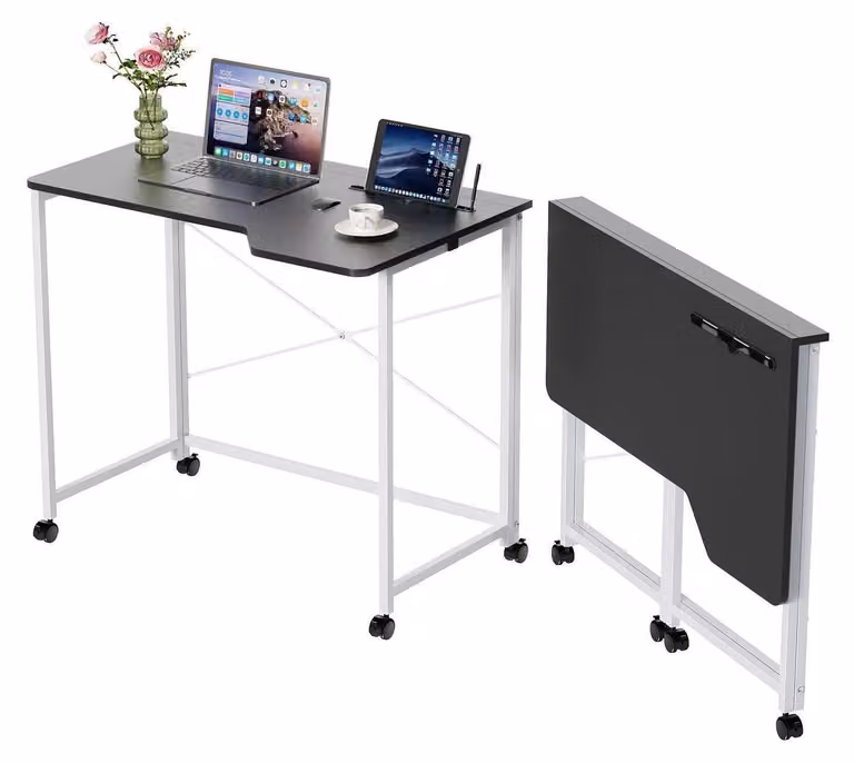 Scrivania pieghevole con ruote, 90x56x75 cm, nera. Scrivania per computer con fessura per tablet
