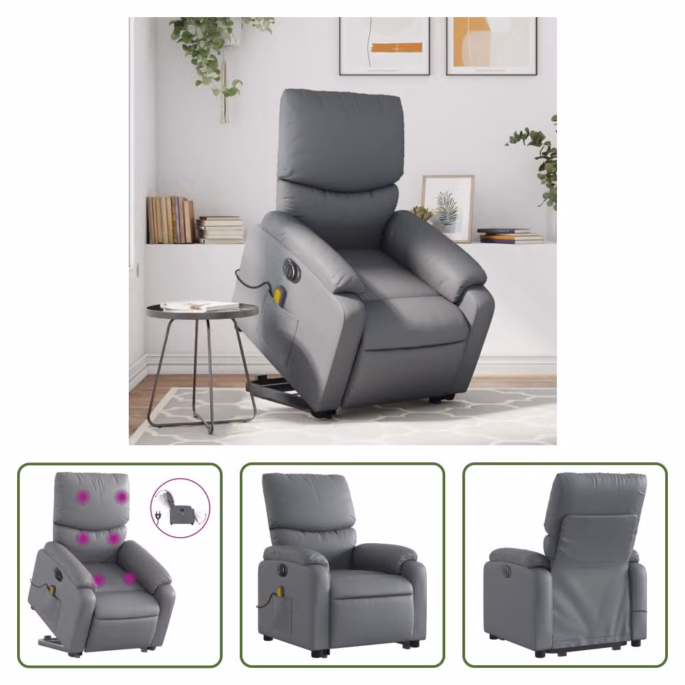 The Living Store Sedia massaggiante con supporto in piedi elettrica in ecopelle grigia