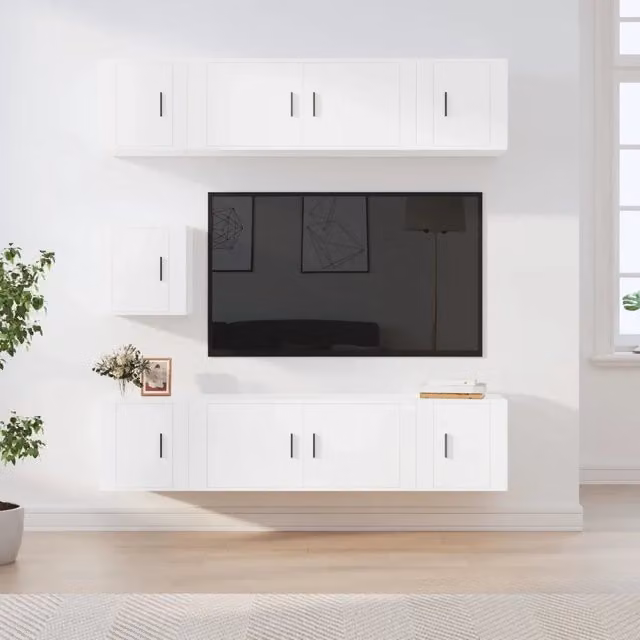 Set di Mobili Porta TV 7 pz-Set di 7 Credenza per TV Bianco in Legno Multistrato 625404