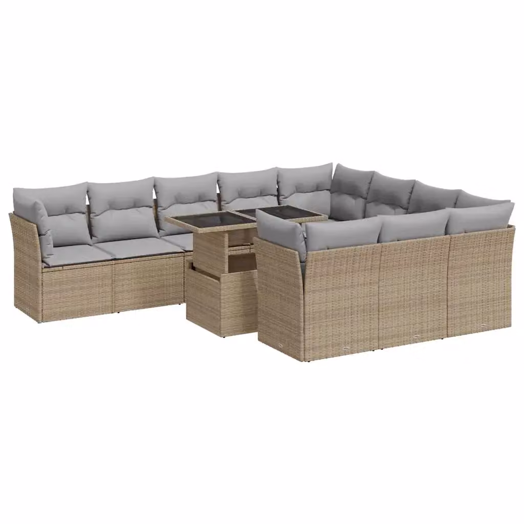 Set di Divani da Giardino vidaXL a Forma di U con 11 Pezzi, Cuscini Beige e Tavolino da Esterno in Polyrattan e Metallo – 2
