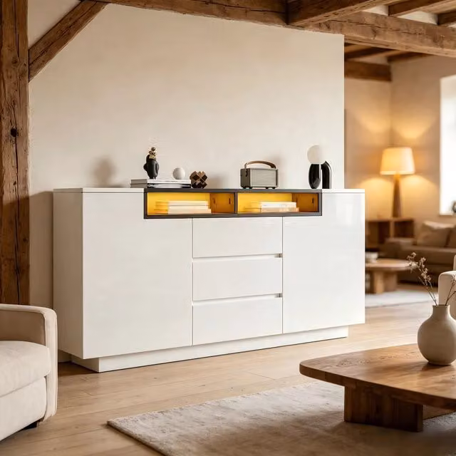 Sideboard soggiorno 140x40x68 cm, bianco e nero lucido, 2 porte a L, 3 cassetti, ripiani regolabili e luci LED