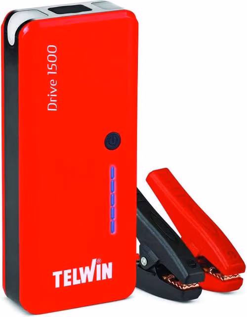 Avviatore Power Bank Telwin Drive 1500 12 V con 2 Porte USB e 2 Luci, Rosso