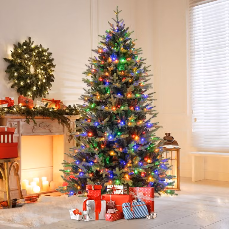 Albero di Natale artificiale pre-illuminato a LED Costway, altezza 210 cm, con timer automatico e luminosità regolabile, colore verde e luci warm white o multicolore