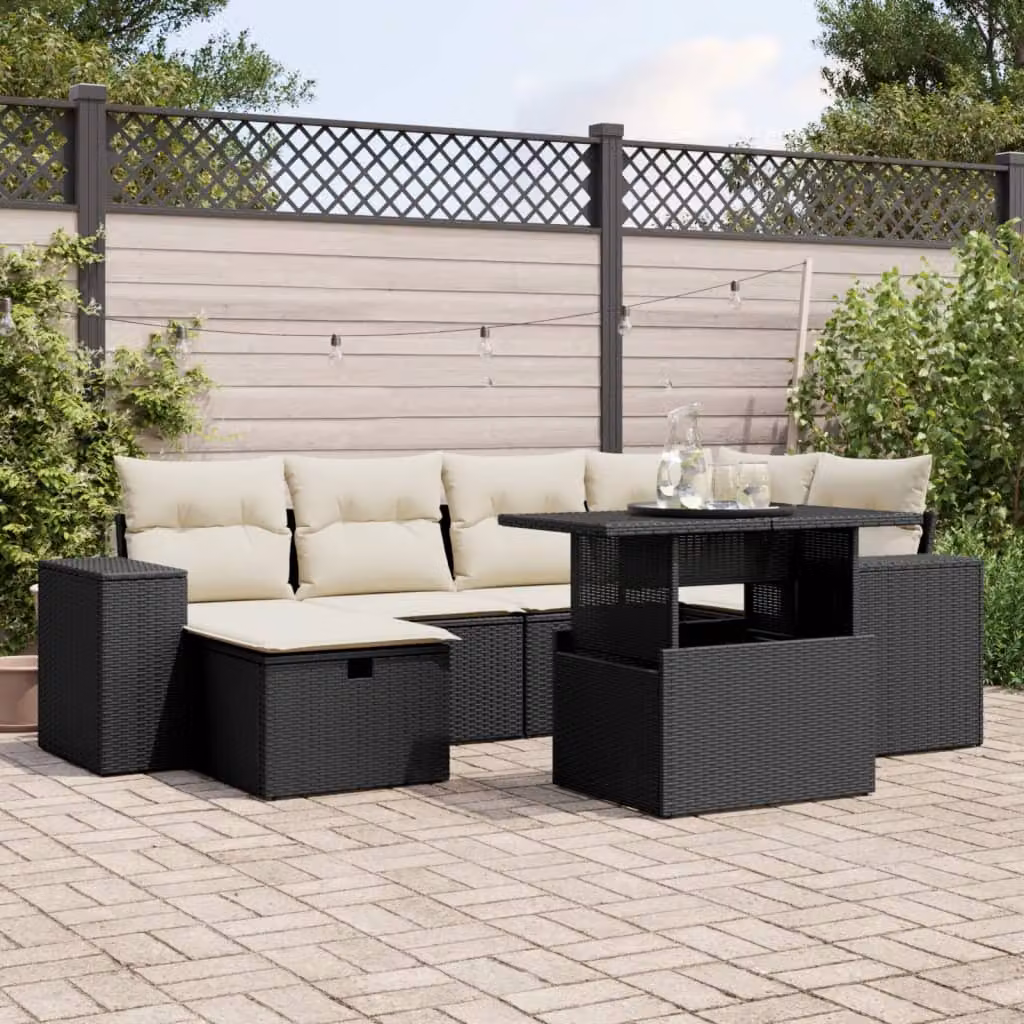 Set Divani da Giardino vidaXL in Polyrattan Nero con 7 Cuscini e Tavolino da Esterno – 1
