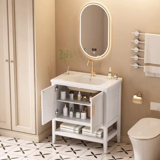 Mobile sottolavabo a pavimento bianco con lavabo in ceramica