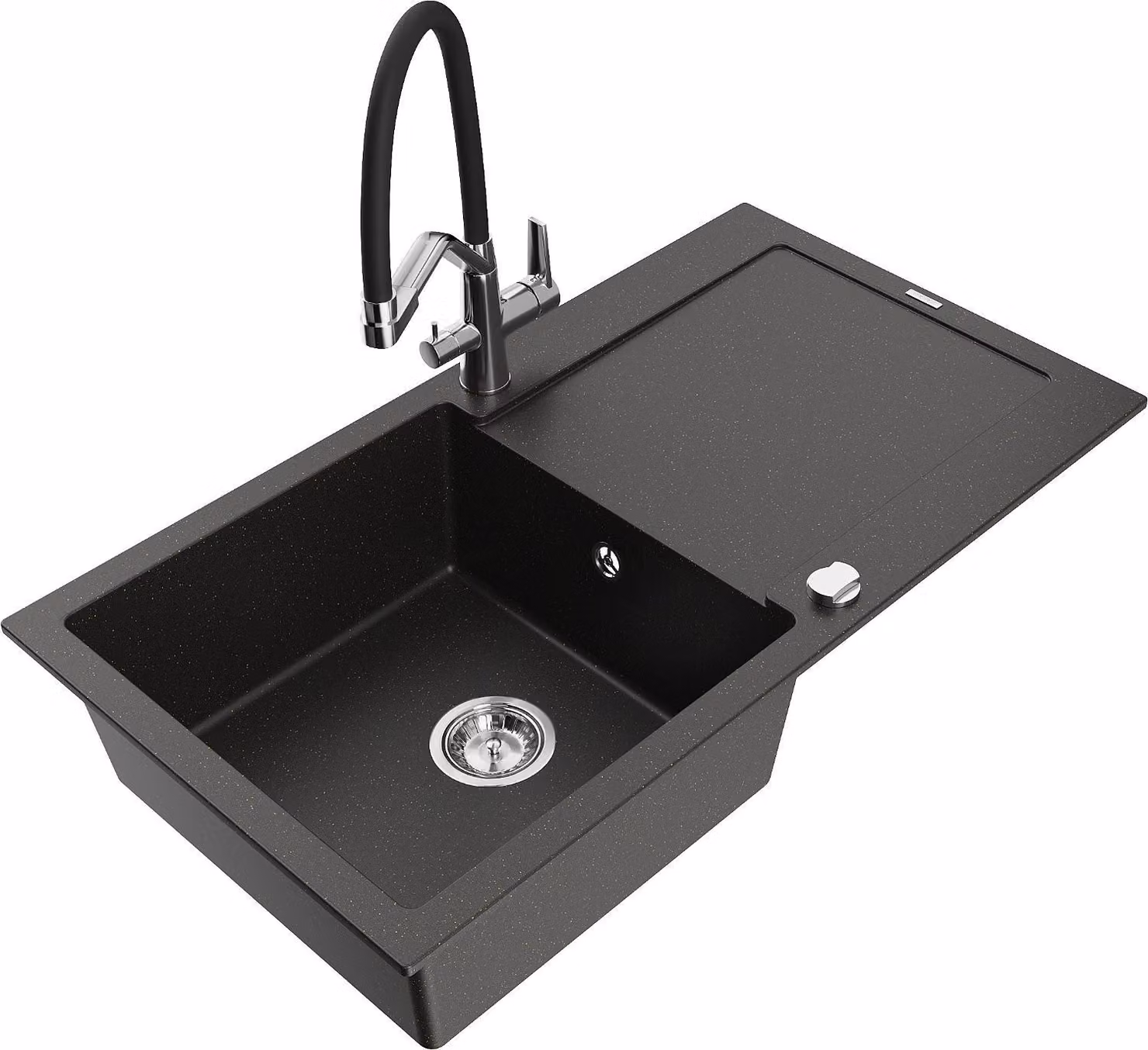 Mexen Leo lavello in granito a 1 vasca con sgocciolatoio e rubinetto cucina Duo, nero/oro metallizzato - 6501-75-671701-07