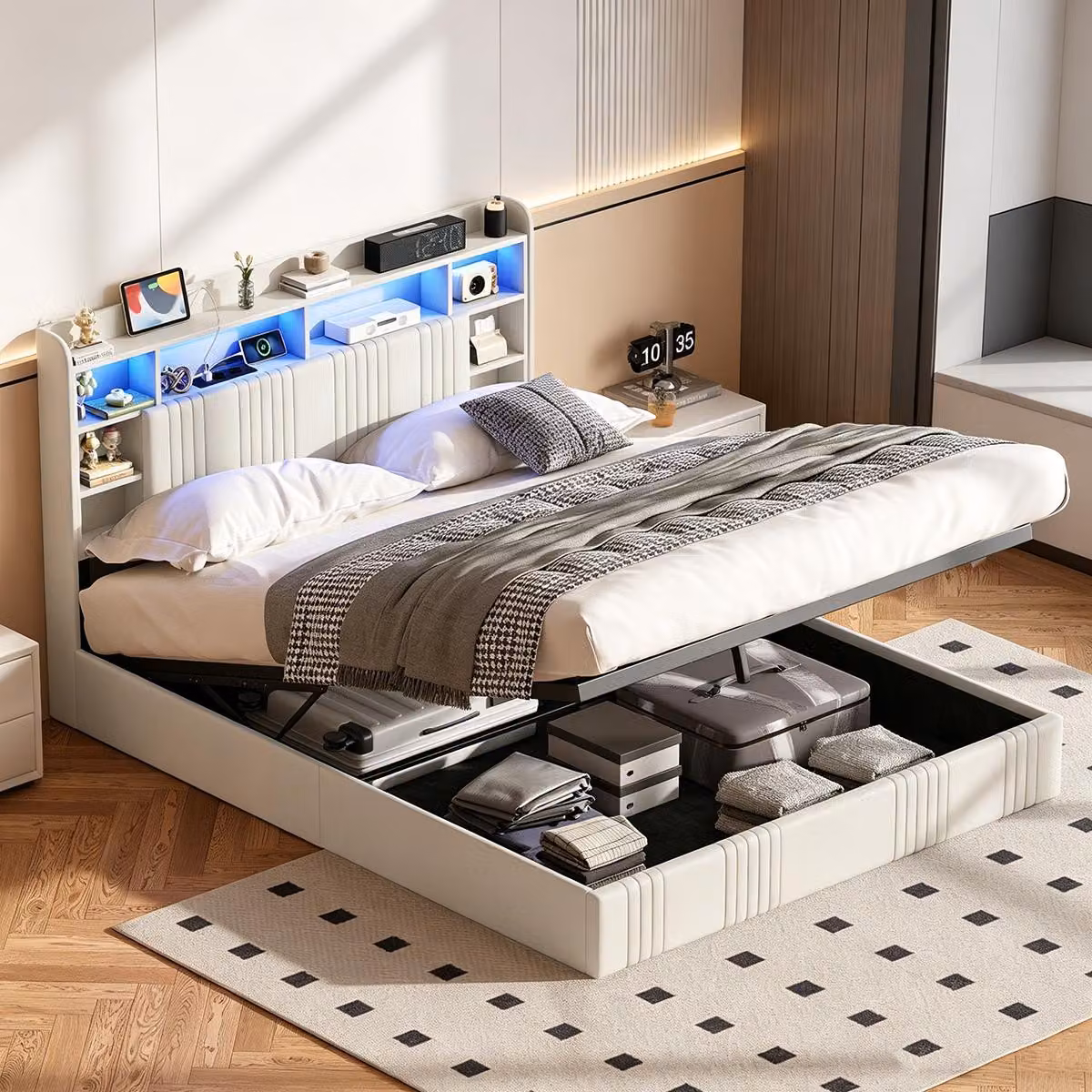 Letto matrimoniale con boxspring, imbottito, 140x200 cm, con LED e porte USB/C, letto idraulico con spazio contenitore, testiera, design moderno, tessuto: lino, colore: beige