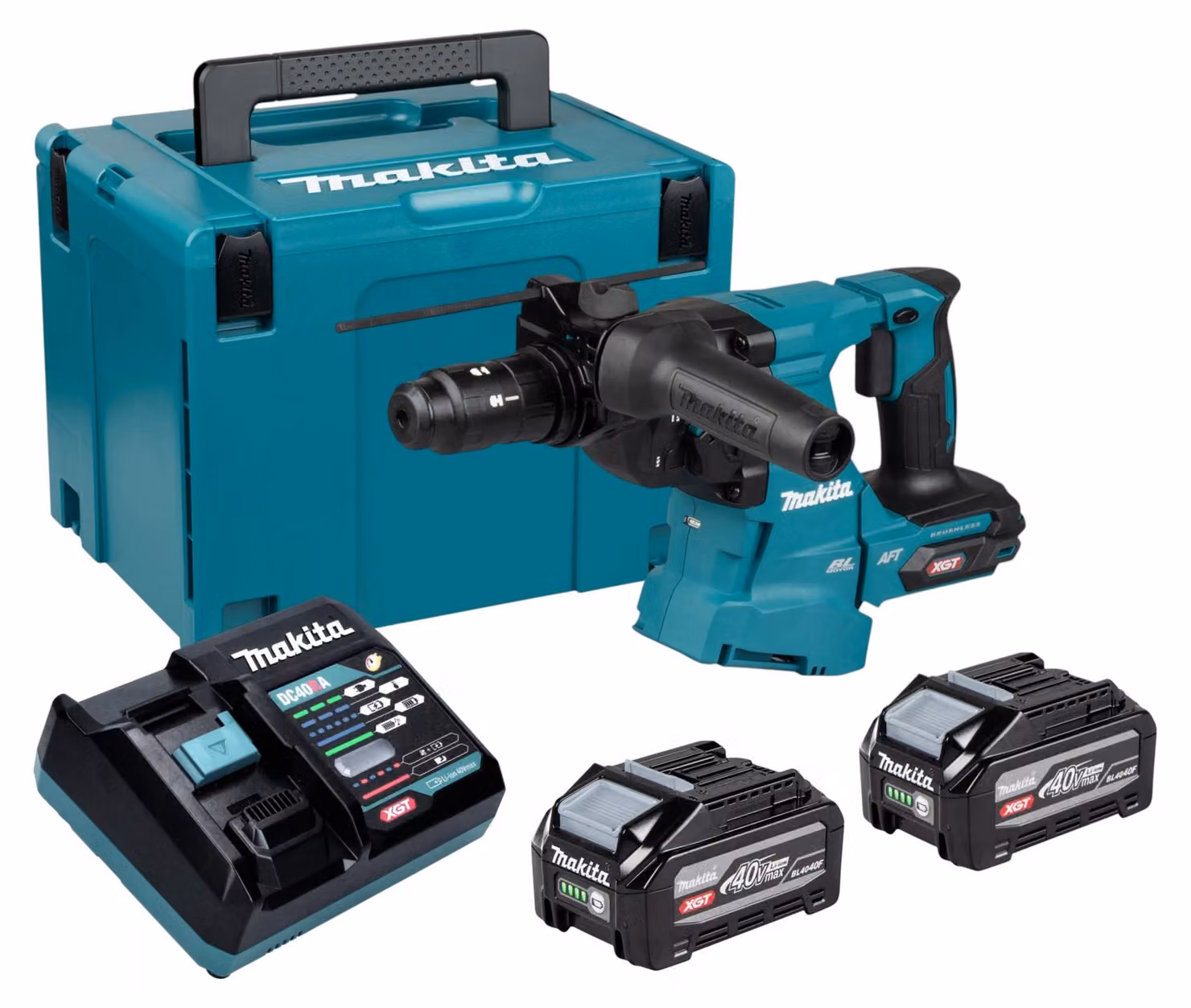 Martello combinato a batteria Makita HR 012 GU201 40 V max. 3,3 J SDS plus Brushless + 2 batterie da 4,0 Ah + caricabatterie + Makpac