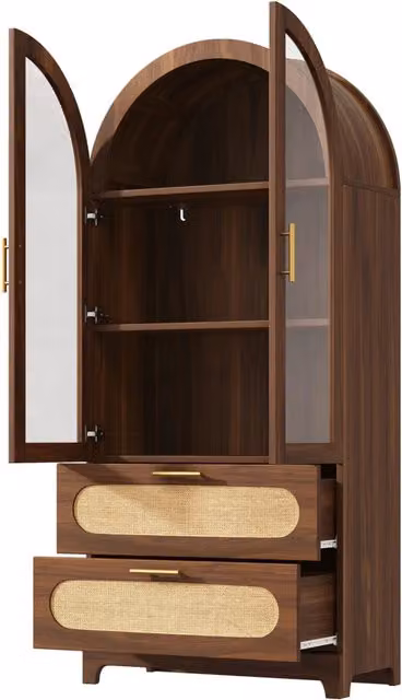 Vetrina Montmartre con arco, 175x80x40 cm, libreria con 2 cassetti regolabili, design retro in noce