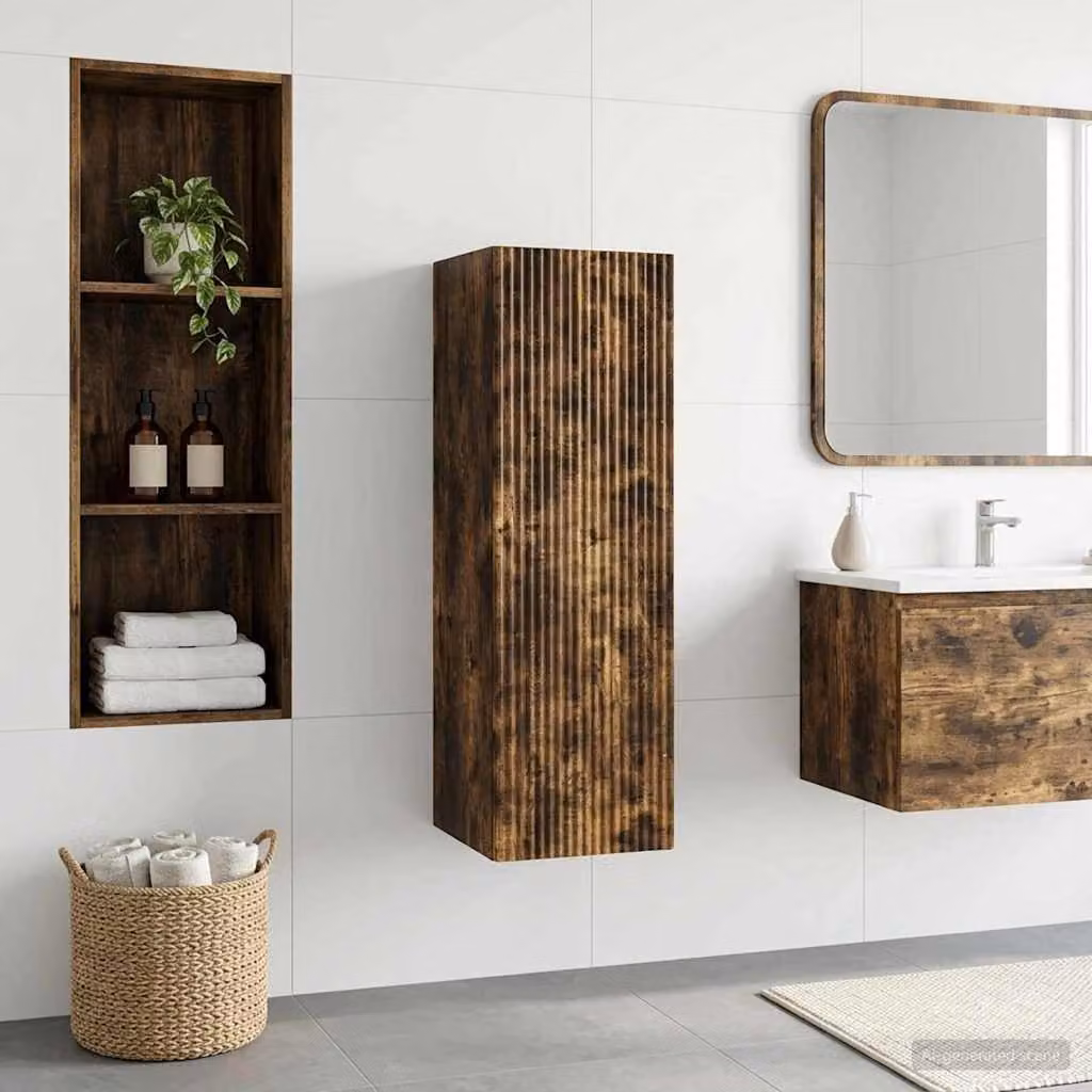 Mobiletto da bagno a muro vidaXL moderno in rovere fumo con ante a battente, L: 33 cm, P: 34,5 cm, H: 100 cm