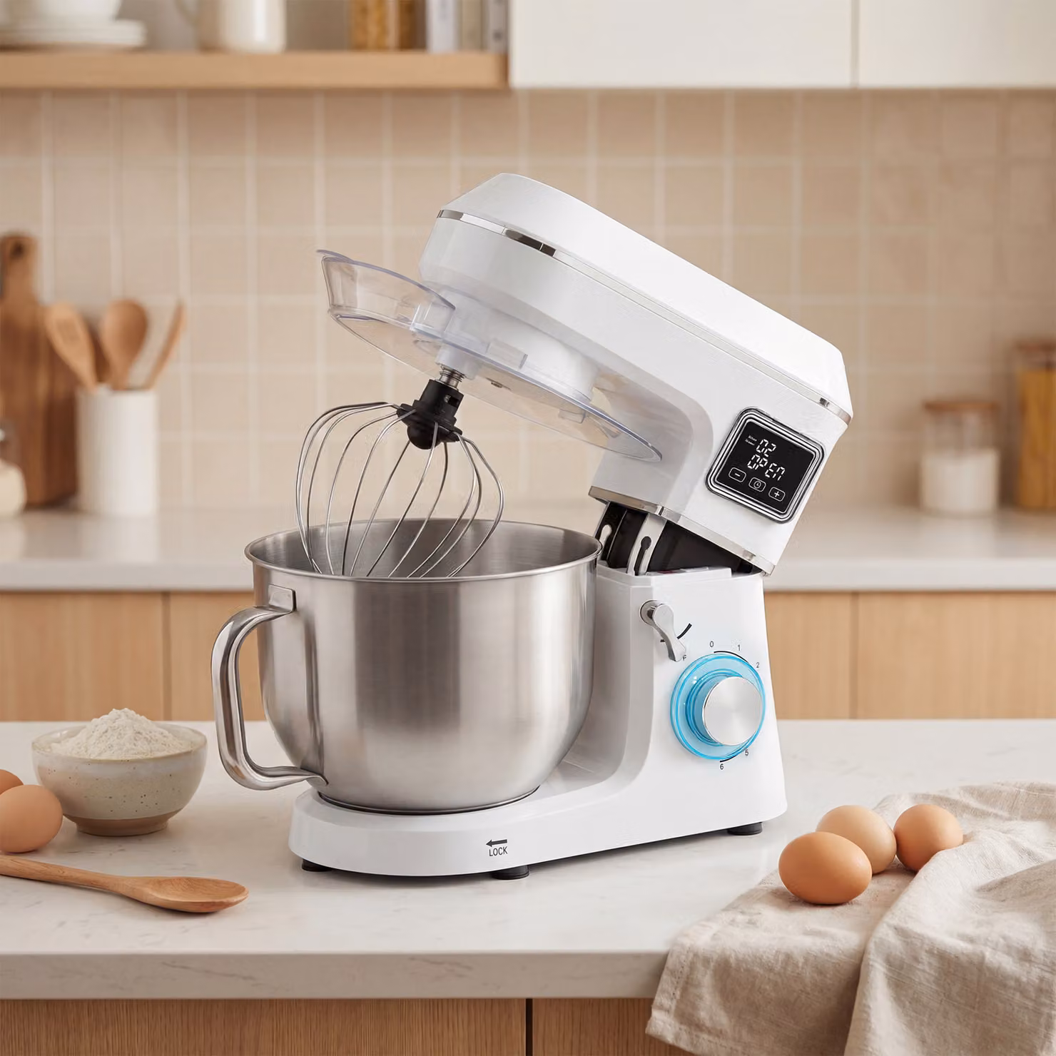 HOMCOM Robot da Cucina Impastatrice da 6L con 1400W, Testa Inclinabile, 6 Velocità, Funzione di Lievitazione, Timer e Display LED, Bianco – 2