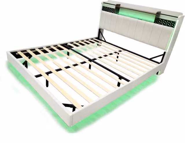 Letto Matrimoniale Chicfurn Imbottito Beige con Contenitore a Sollevamento, Porte USB, Illuminazione LED e Ripiani Integrati, 160x200 cm