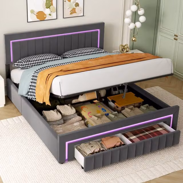 Desviae Letto imbottito matrimoniale 160 × 200 cm con cassetti e LED in velluto grigio scuro