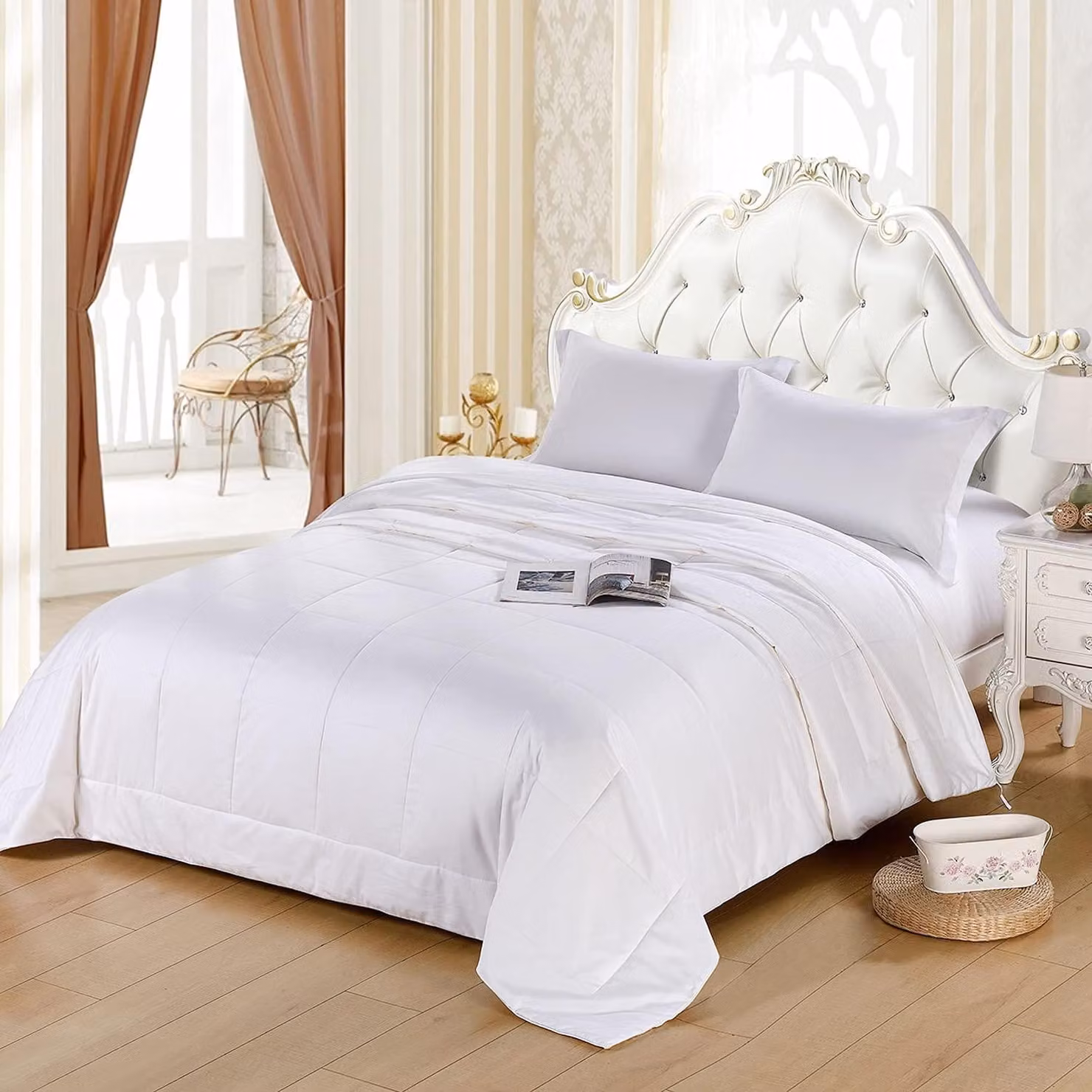 Coperta da letto in seta al 100%, 225x220 cm, bianca, antiacaro