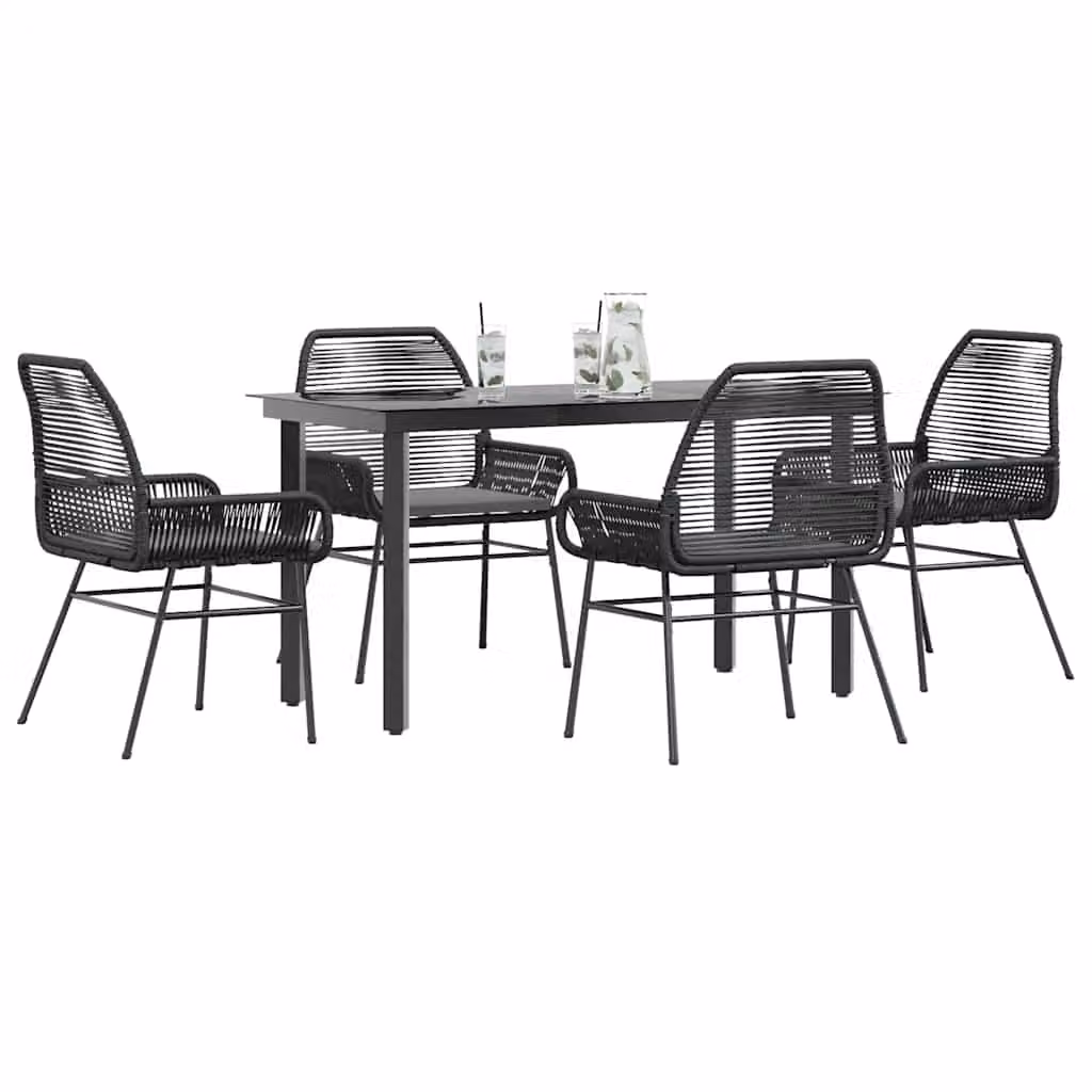 Set da pranzo da giardino vidaXL in polyrattan con tavolo in vetro e 5 cuscini, grigio e nero