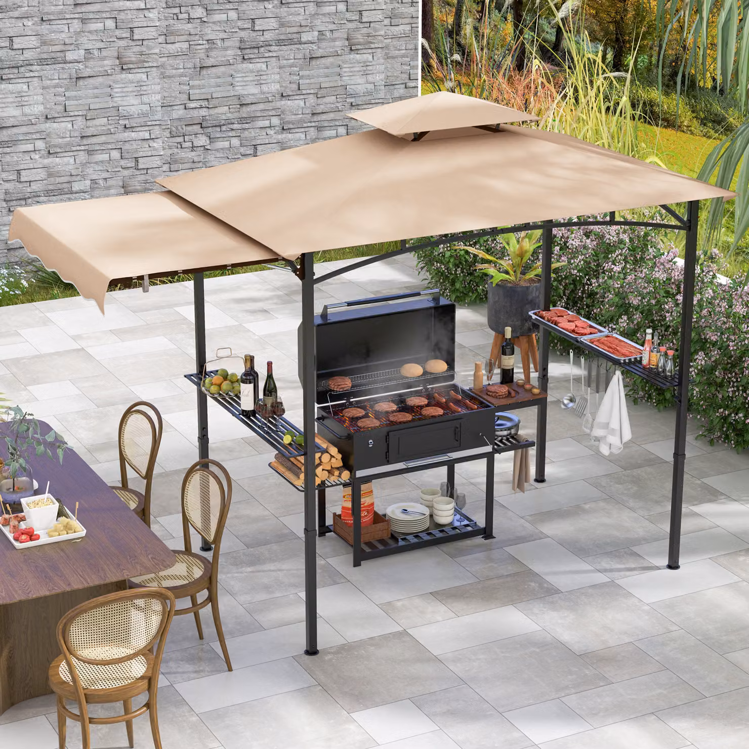 Gazebo per barbecue Costway con tendalino laterale, tetto a 2 livelli e 2 ripiani laterali, Beige