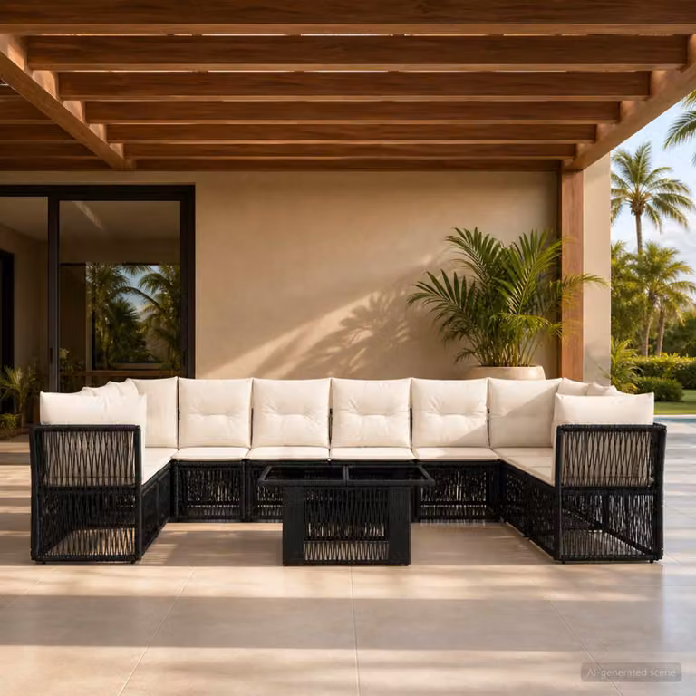 Set Divano da Giardino vidaXL 11 pz Nero con Tavolino e Cuscini in Polyrattan e Acciaio