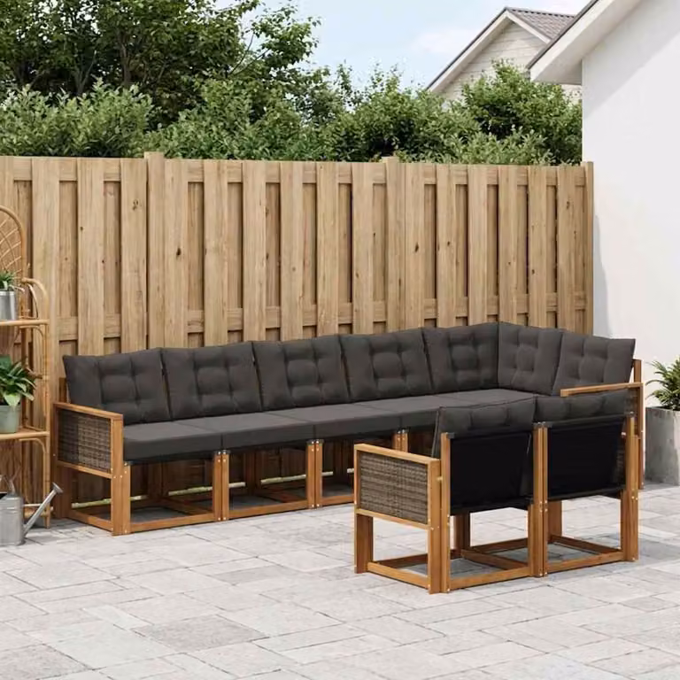 Set di divani da esterno vidaXL 8 pz in legno di acacia e textilene, colore naturale e nero, con cuscini inclusi, design moderno a forma di L per giardino e terrazza