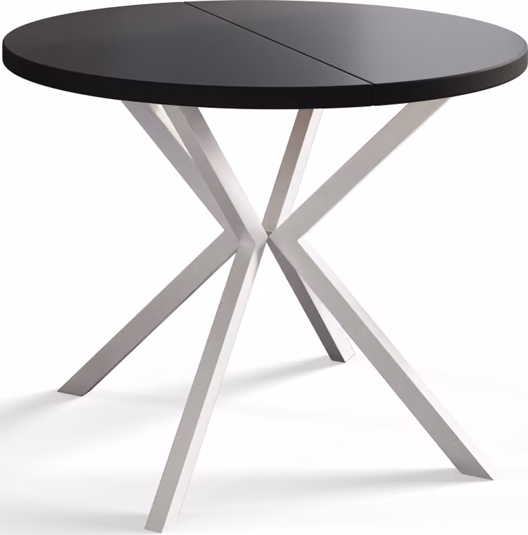 Tavolo rotondo per sala da pranzo LOFT LITE, diametro tavolo allungabile: 90 cm/170 cm, colore tavolo da soggiorno: nero, con gambe in metallo bianco