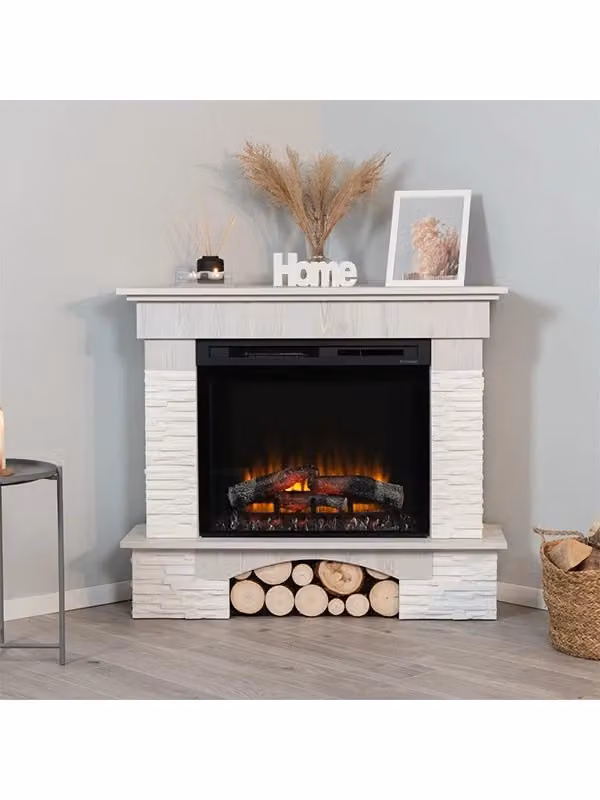 Caminetto Elettrico Angolare a Libera Installazione OUTINFIRE da 28 pollici in Pino Bianco L: 114 cm, P: 98 cm, H: 89 cm – 2
