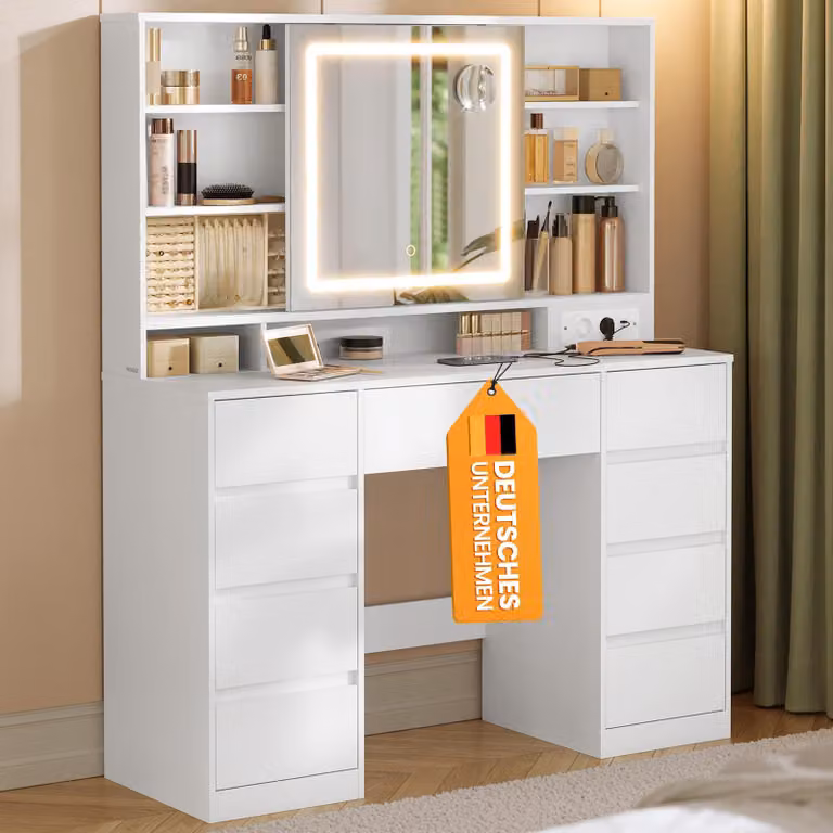 Collezione VASAGLE Kailyn - Toeletta con specchio e luci a LED, presa multipla, 9 cassetti, 10 specchi ingranditori, 3 tonalità di luce