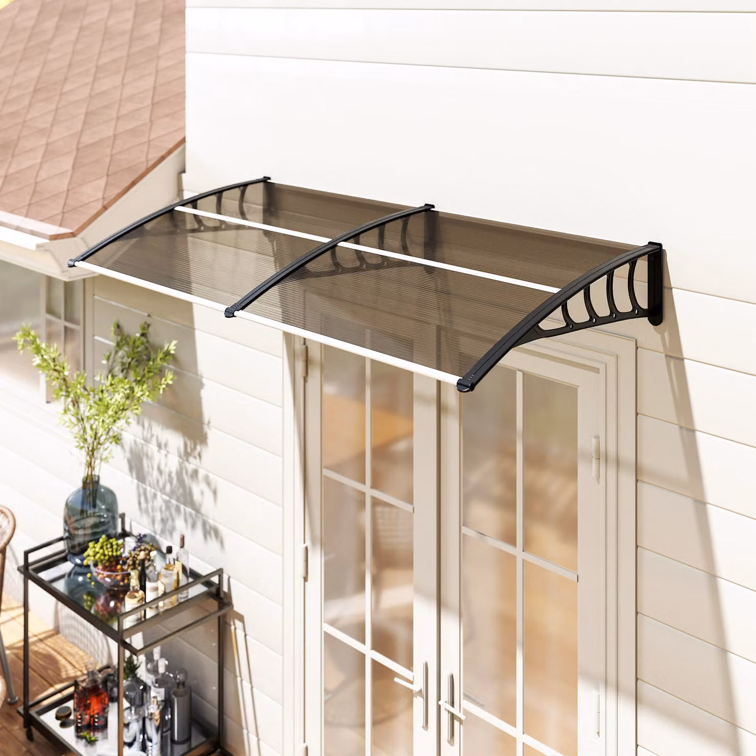 Pensilina da esterno Outsunny per finestre e porte in policarbonato e alluminio, Marrone, L: 200 cm, P: 100 cm, H: 26 cm – 2