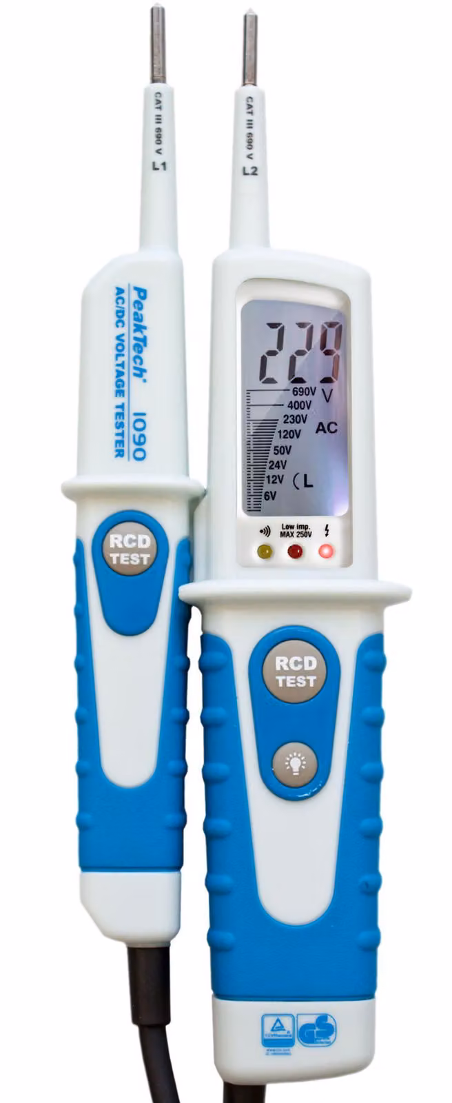 Tester di tensione PeakTech P 1090 AC/DC con display LCD - bipolare, approvato sicuro e preciso per lavori elettrici