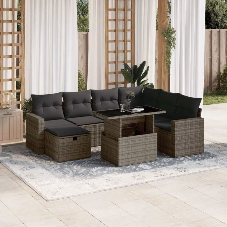 vidaXL Set Divano da Giardino a L 8 pz in Polyrattan Grigio con Cuscini e Tavolino