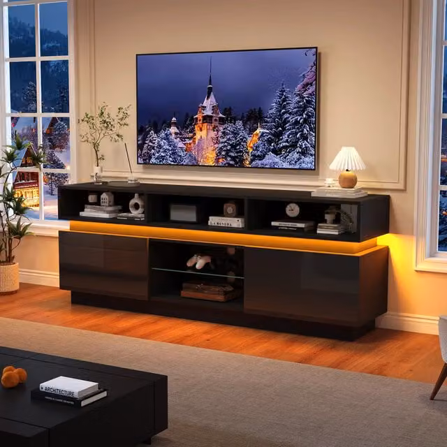 Mobile TV LED con Ripiani in Vetro ¨C MINIMAL ¨C Nero, 160x35x60 cm