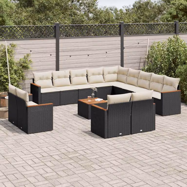 Set di divani da giardino vidaXL a forma di U con cuscini in polyrattan nero e tavolo da caffè coordinato