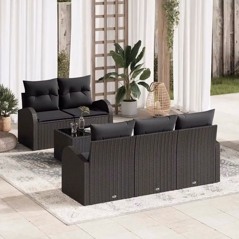 Set Divano da Giardino vidaXL 6 Pezzi Nero con Cuscini e Tavolino in Polyrattan e Acciaio