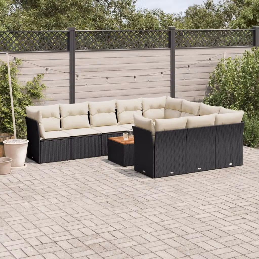 vidaXL Set Divani da Giardino 11 pz a Forma a L con Cuscini e Tavolino da Esterno in Polyrattan e Acciaio Nero – 1