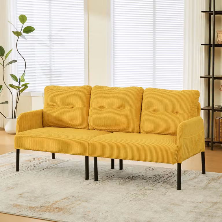 Divano okwish a 3 posti, con chaise longue, dotato di comode tasche laterali, schienale alto, gambe in metallo robuste, ideale per il soggiorno e la camera da letto, colore giallo