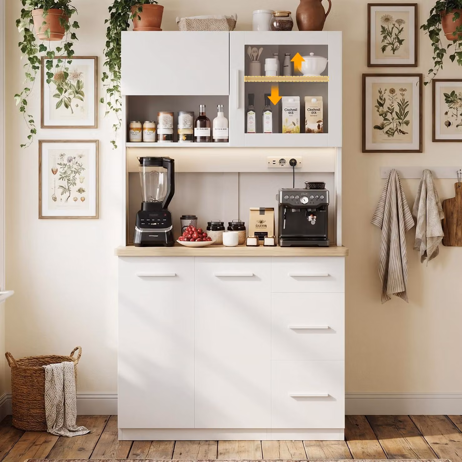 JUMMICO, mobiletto buffet, dimensioni 100 x 40 x 182 (altezza) cm, mobile da cucina con 2 prese di corrente e