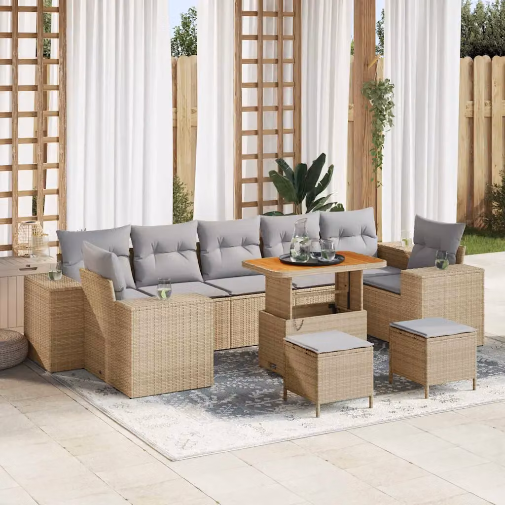 Set Divano da Giardino vidaXL 10 Pezzi Beige con Cuscini e Tavolino in Polyrattan e Acciaio – 1