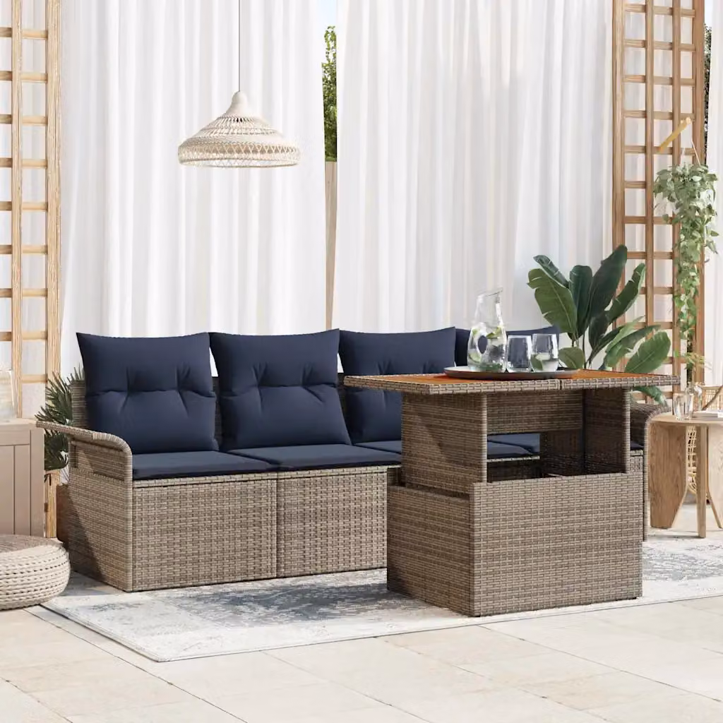 Set Divano da Giardino a L vidaXL 5 Pezzi Grigio con Tavolino e Cuscini in Rattan e Metallo
