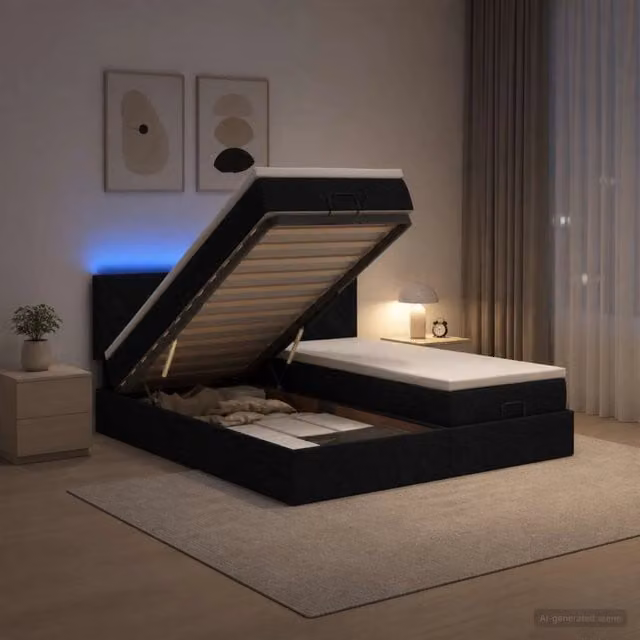 Letto Ottomano con Materasso vidaXL in Tessuto Nero con Illuminazione LED e Porte USB L/P/H: 200 x 200 x 88 cm