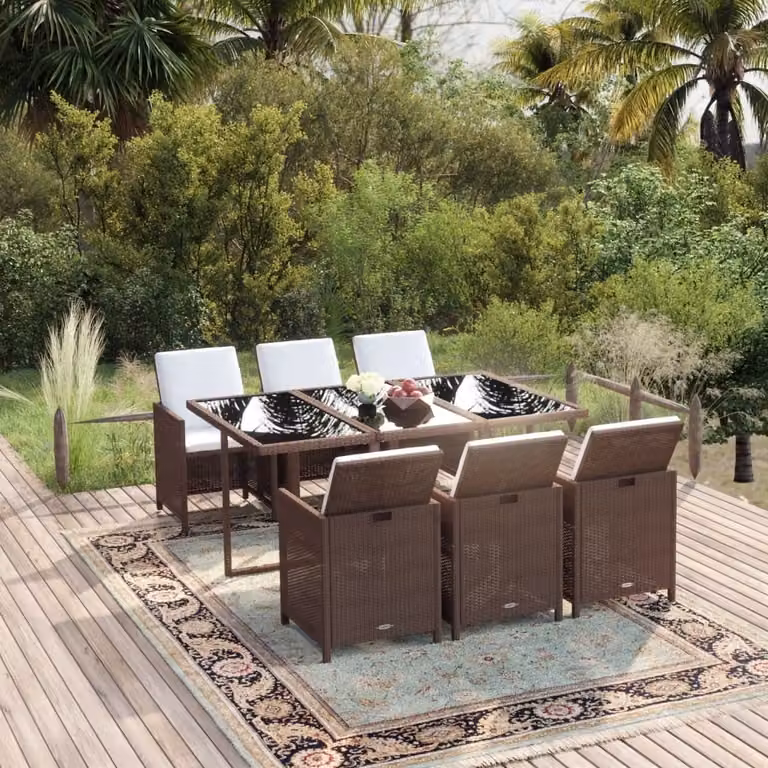 The Living Store Set da pranzo da giardino 7 pezzi con cuscini in poly rattan marrone