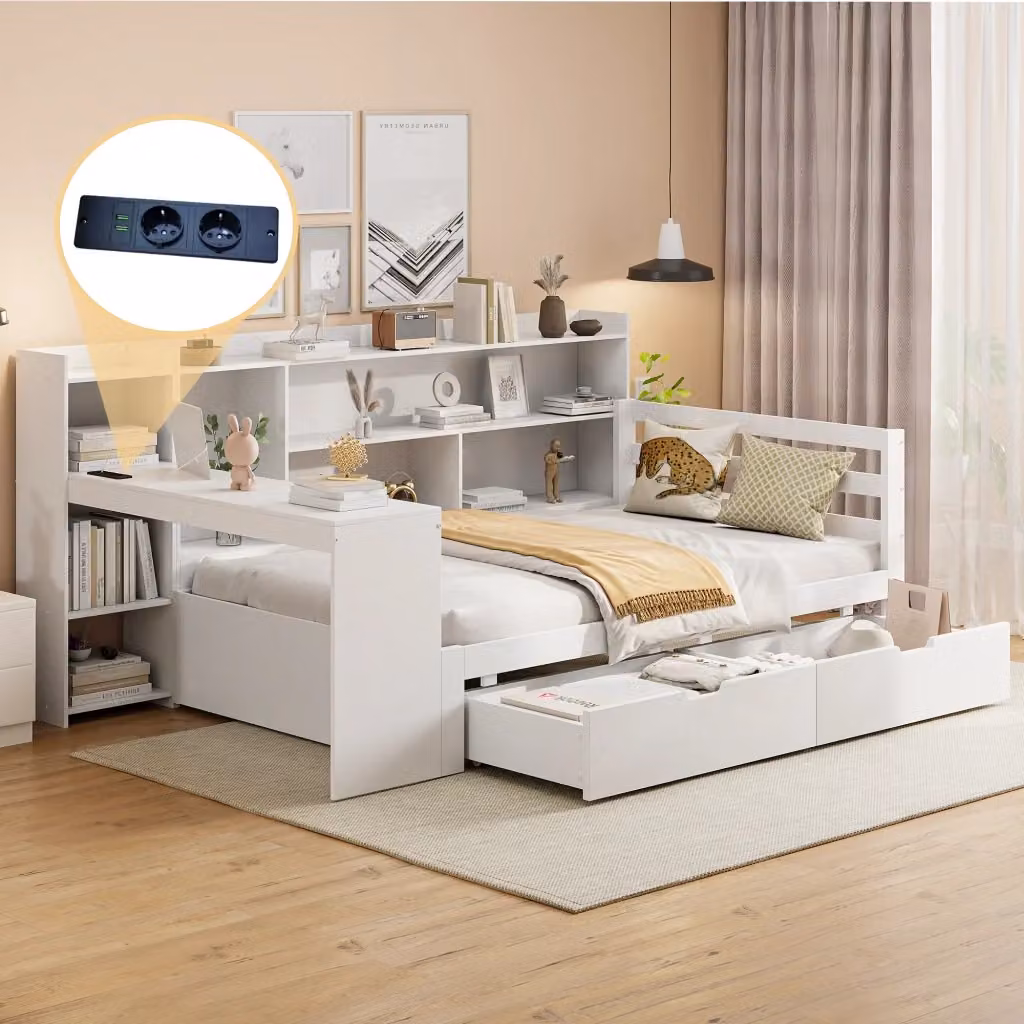 Letto a divano moderno bianco con scrivania, ripiani, vani contenitore e porta USB in legno e MDF, L/P/H: 200 x 90 x 114,5 cm – 2